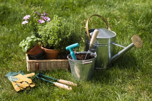 The image depicts a neatly maintained garden with a lush, green lawn in the foreground, surrounded by a variety of gardening tools and equipment. In the center, there is a rectangular wicker tray holding several potted plants, including flowering plants with purple blooms and young green foliage, suggesting recent planting or routine care. To the right, a silver watering can with a wooden handle and a metal spout is positioned on the grass, indicating ongoing watering activities. In front of the watering can, there is a small metal bucket filled with soil and a blue-handled trowel leaning against it. Nearby, a pair of yellow gardening gloves and a set of pruning shears with green handles rest on the grass, ready for garden maintenance. The background features a well-kept lawn with evenly mowed grass, providing a vibrant and inviting outdoor space suitable for gardening services in Peckham or the surrounding South London area. Lighting suggests a bright, clear day with natural sunlight enhancing the fresh and lively appearance of the garden, emphasizing the importance of regular upkeep and landscaping. The arrangement of tools and plants reflects a well-organized outdoor environment suitable for amateur or professional gardening activities.
