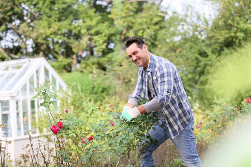 A man with dark hair, wearing a blue and white checkered shirt, jeans, and gardening gloves, is tending to a garden in an outdoor space that features a variety of plants and flowers. In the foreground, there are pink roses and green foliage, while in the background, a small greenhouse with clear glass panels is visible, surrounded by lush trees and bushes typical of a South London garden. The lawn area has well-maintained, dense grass with a natural, vibrant green tone, contrasting with the soft soil borders of flower beds. The garden appears to be in bright, fair weather, with natural daylight illuminating the scene. The man is smiling as he carefully prunes or inspects the plants, reflecting professional gardening practices, which are common services offered by Landscapers Peckham. The setting is a neatly landscaped residential garden, incorporating a variety of textures with grassy patches, flowering plants, and a greenhouse, all contributing to an inviting and well-maintained outdoor environment in Peckham, London.