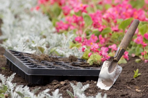 A close-up view of a gardening scene in a front or backyard, featuring a black seed tray placed on dark, moist soil. The tray contains soil, ready for planting, and a small garden trowel with a wooden handle and metal blade, partially embedded in the soil next to the tray. Surrounding the tray and trowel, there are predominantly pink flowering plants and white flowering plants, creating a vibrant, colourful background. The garden bed appears well-maintained, with the soil prepared for planting, and the scene suggests ongoing gardening work, typical of professional landscaping services in Peckham. The lighting is natural, indicating a bright or partly cloudy day, with the environment showing healthy, thriving vegetation suitable for garden enhancement or maintenance services provided by companies like Landscapers Peckham.