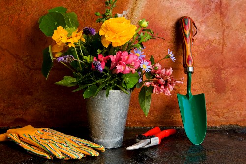 An indoor scene features a grey concrete vase filled with a diverse arrangement of fresh flowers, including large yellow blooms, pink blossoms, purple flowers, and small white and blue accents, set against a warm orange-toned wall. To the right of the vase, a green-handled trowel with a colourful grip is planted into a dark surface, with a pair of red-handled pruning shears resting next to it. To the left, a pair of striped garden gloves with yellow, green, and orange hues lie folded on the surface. The arrangement and tools collectively evoke an environment of gardening or plant care, subtly supporting local SEO for landscaping and outdoor garden services, with a focus on precision and natural colours typical of well-maintained outdoor spaces in Peckham or similar South London areas.